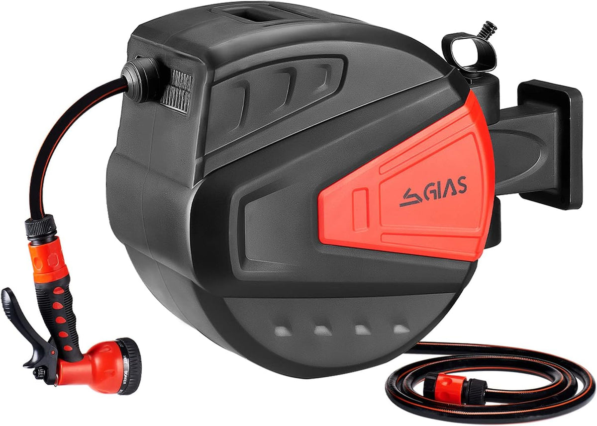 Retractable Garden Hose Reel 1/2 x 98.5 +6.6 ft, Heavy Duty Wall Mounted with 180° Swivel Bracket, 9 Pattern Nozzle, Auto Rewind, Black L580309