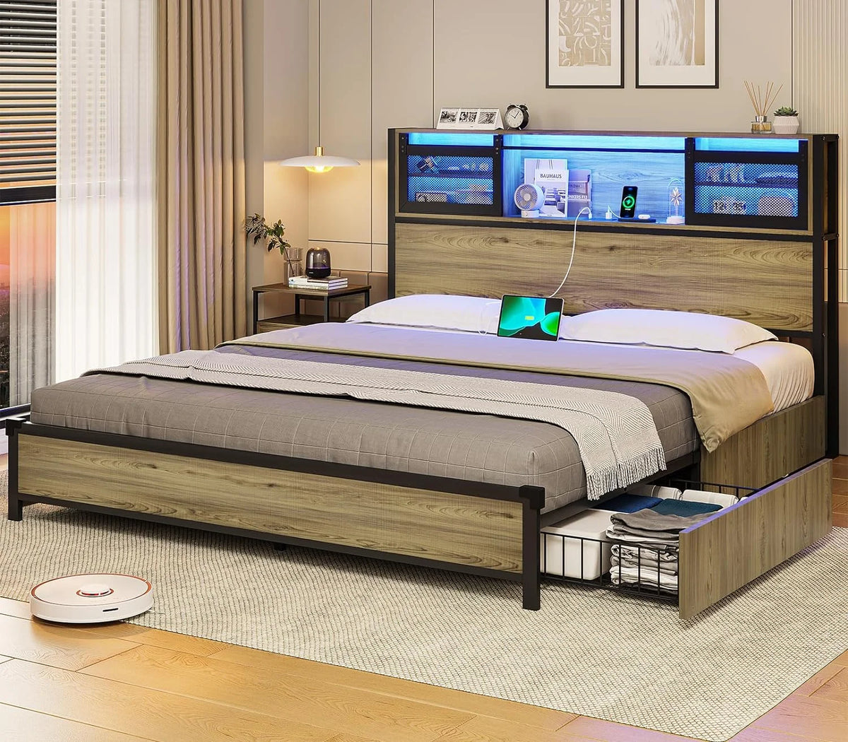 Queen Storage Bed Frame with 4 Drawers and LED Lights Z286439