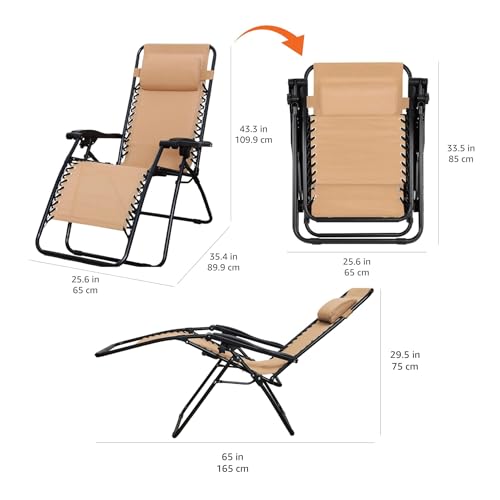 Zero Gravity Lounge Chair with Pillow, Folding Reclining Textilene, 26", Beige J404