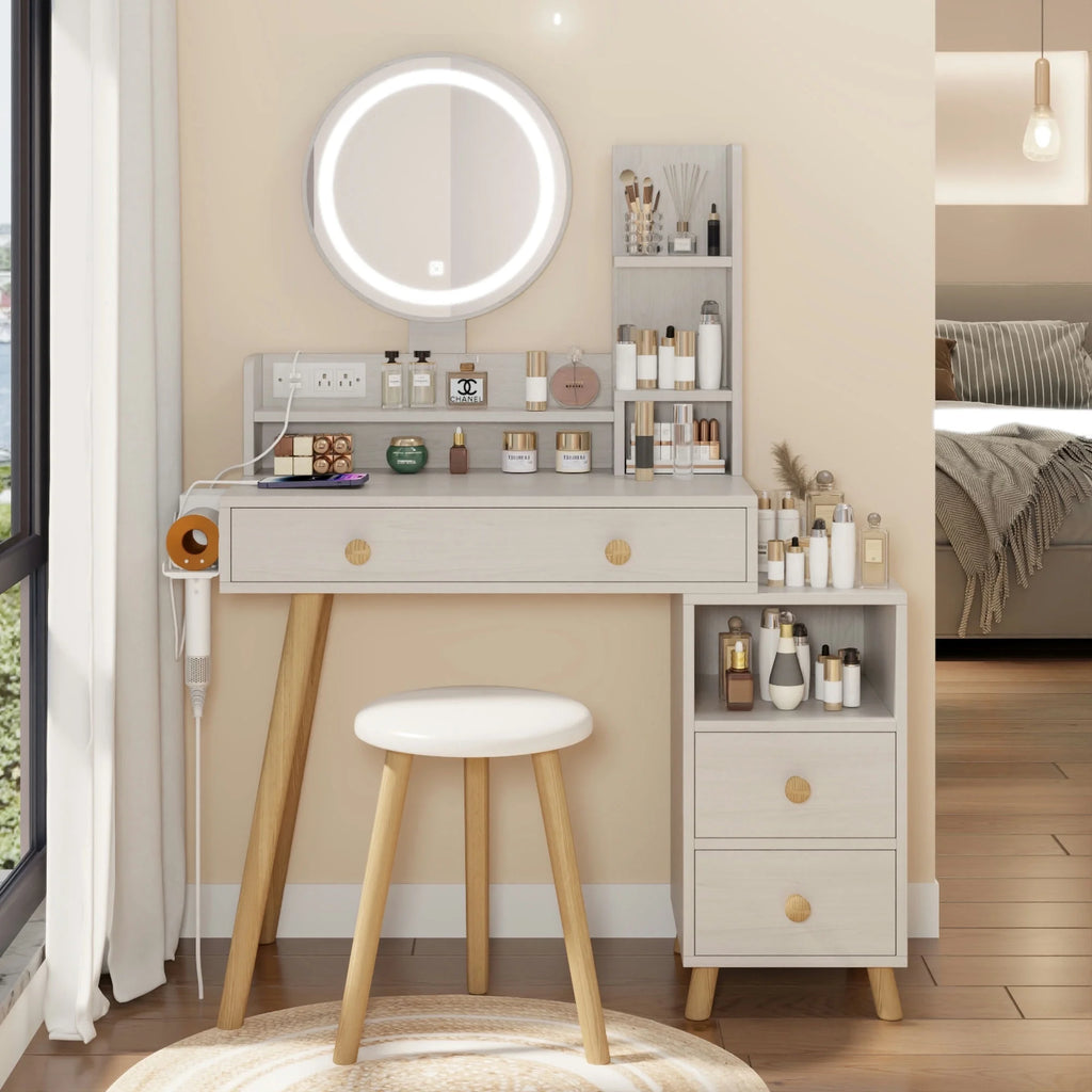 White Vanity Table with Lighted Mirror and Stool F640