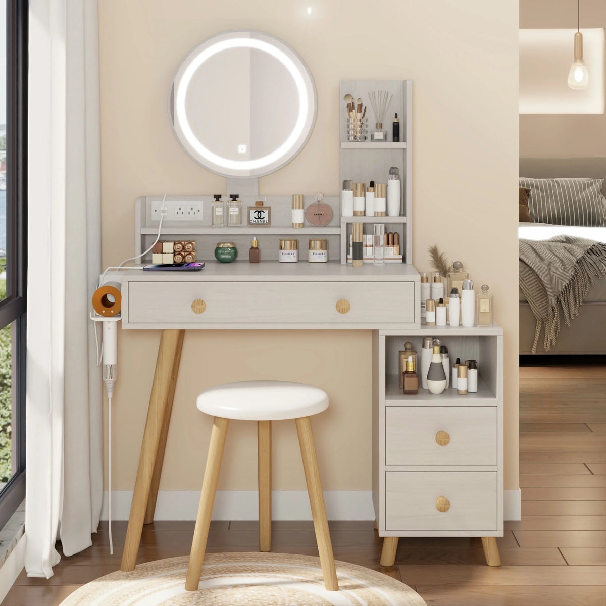 White Vanity Table with Lighted Mirror and Stool F640