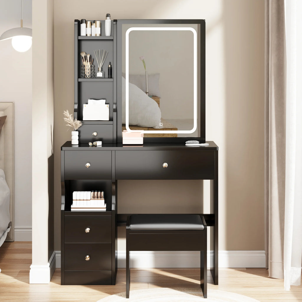 White Vanity Table with Lighted Mirror and Stool F640