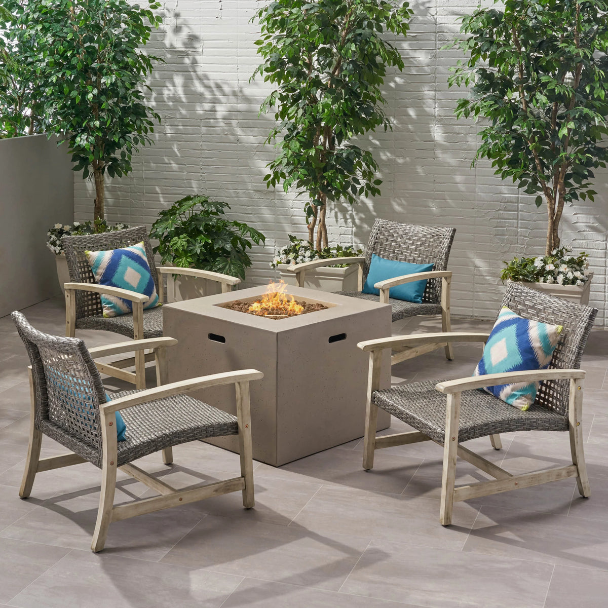 Black 5 Piece Wicker Outdoor Club Chairs & Fire Pit Set L4145