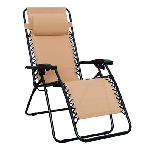 Zero Gravity Lounge Chair with Pillow, Folding Reclining Textilene, 26", Beige J404
