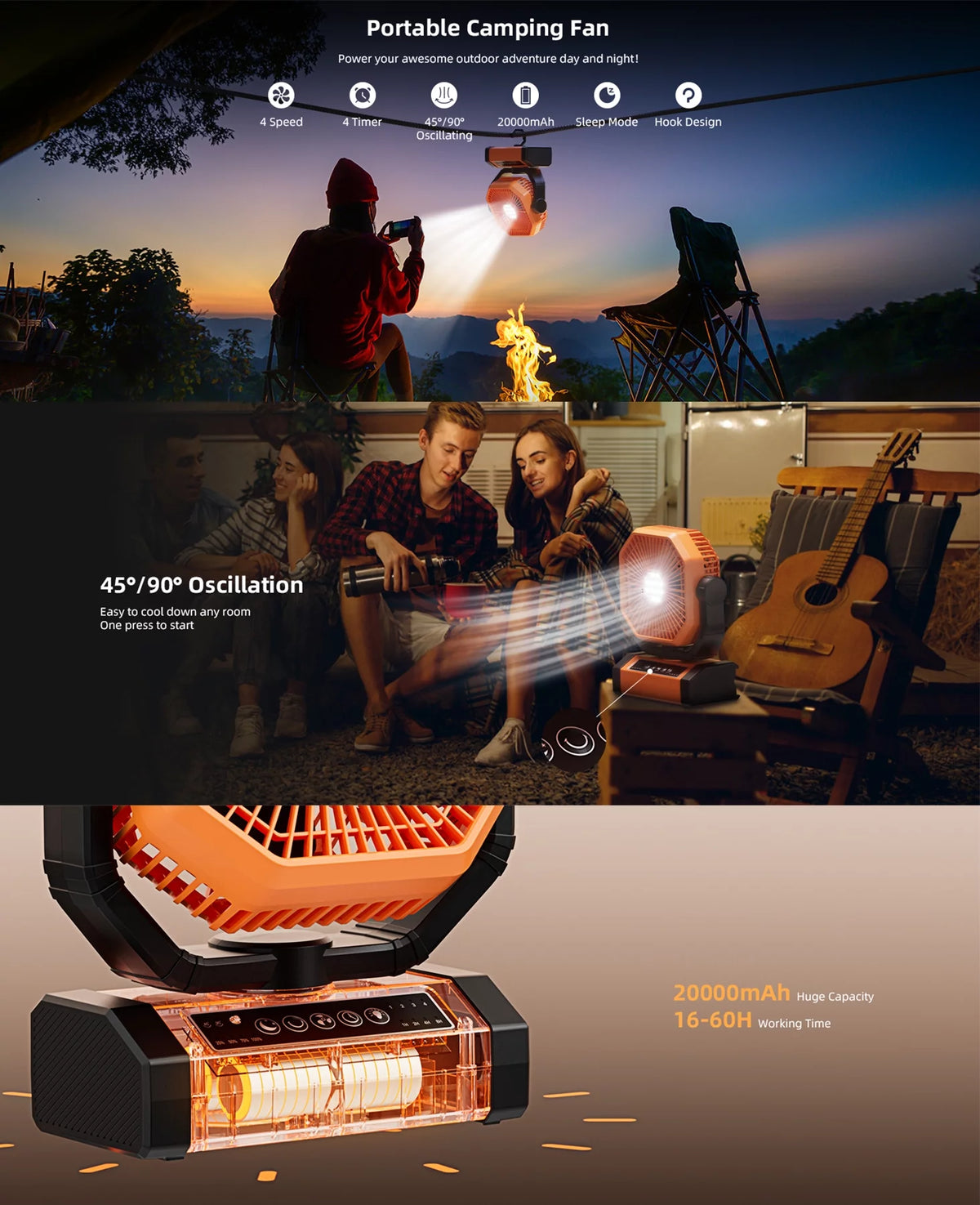 Portable Camping Fan 20000mAh Rechargeable with LED Lantern C1875