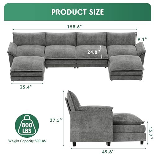 Grey Chenille U Shaped Modular Sectional Sofa with Ottoman W400