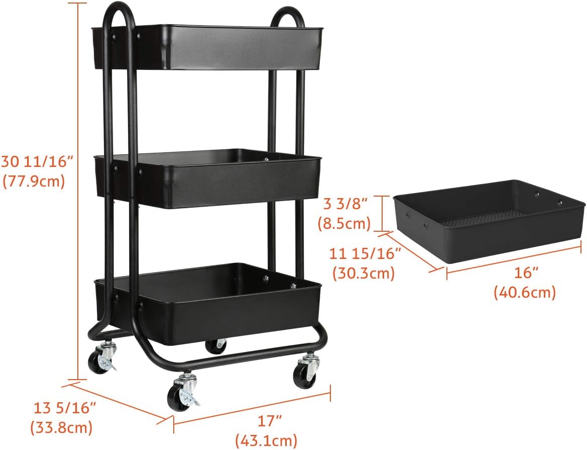 3 Tier Metal Rolling Utility Storage Cart with Wheels K955705