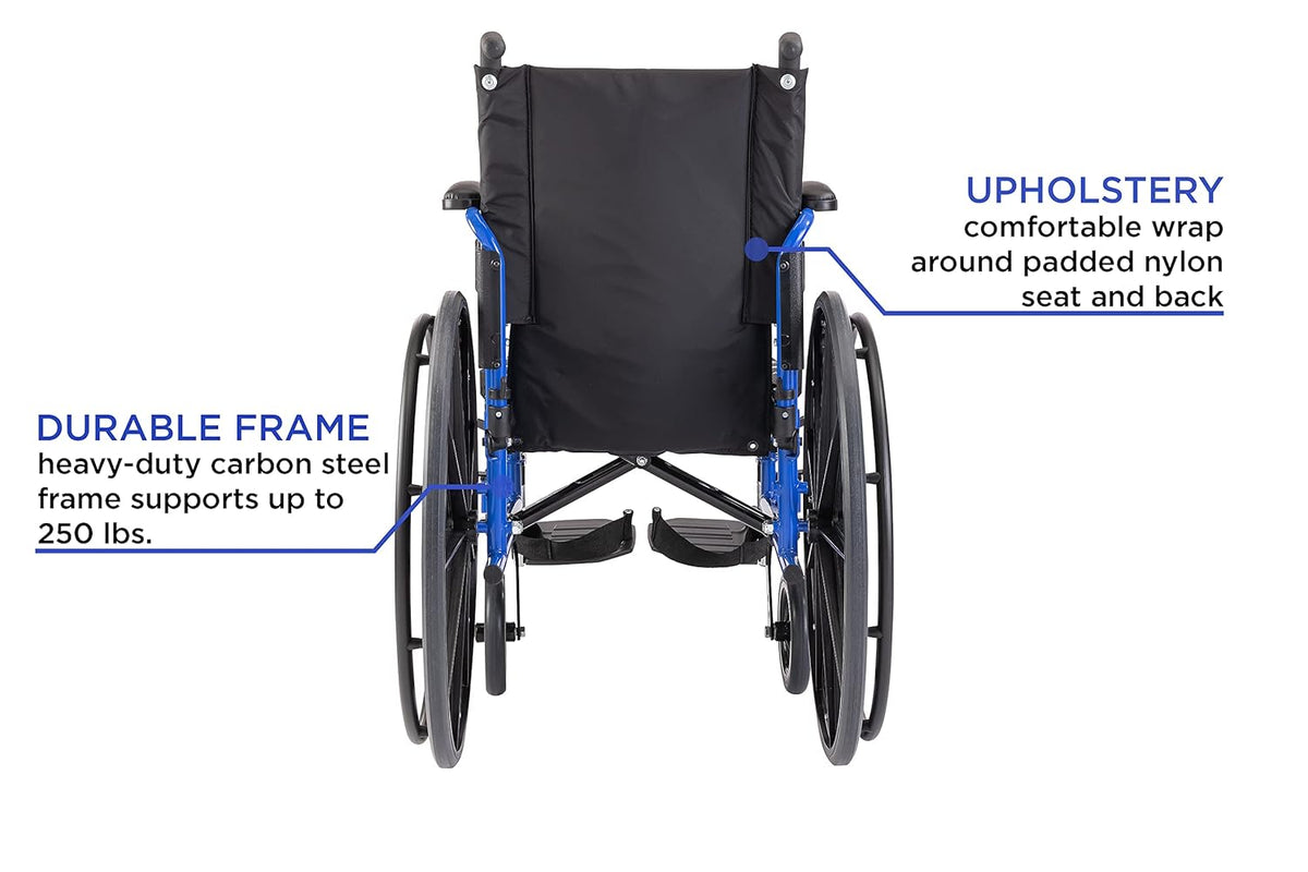 High Performance Lighter Weight Wheelchair with Desk Length Arms and Footrests, 18 Seat Width, Cobalt Blue U149456