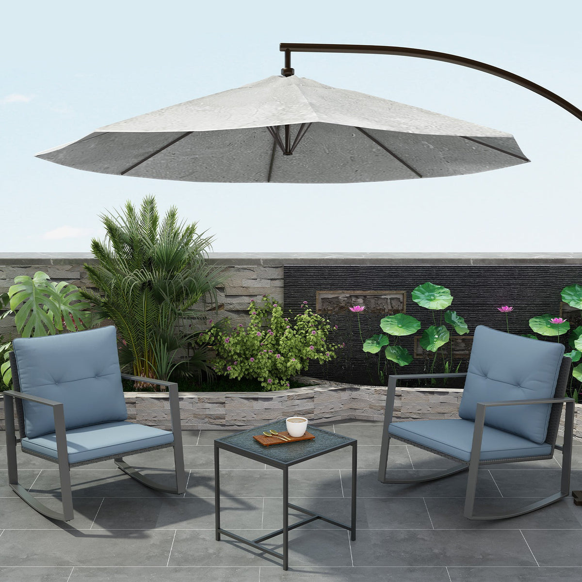 3-Piece Bistro Outdoor Cafe Furniture Set with Glass Table Grey U606365