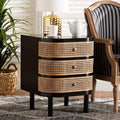 Black Wood and Rattan 3-Drawer End Table Nightstand A58965