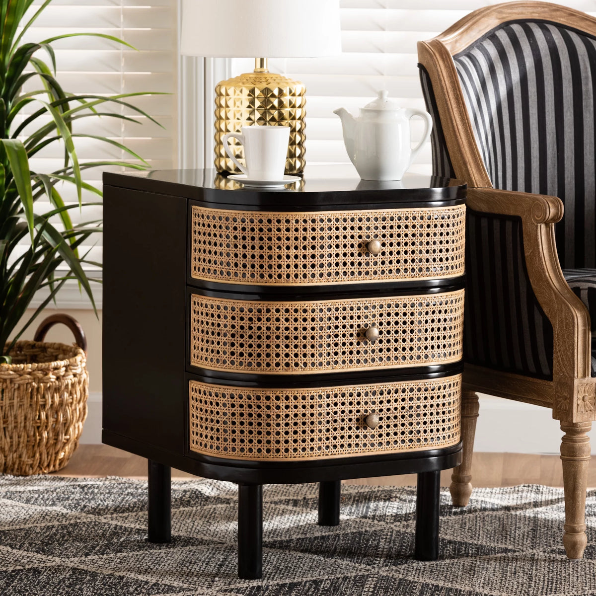 Black Wood and Rattan 3-Drawer End Table Nightstand A58965