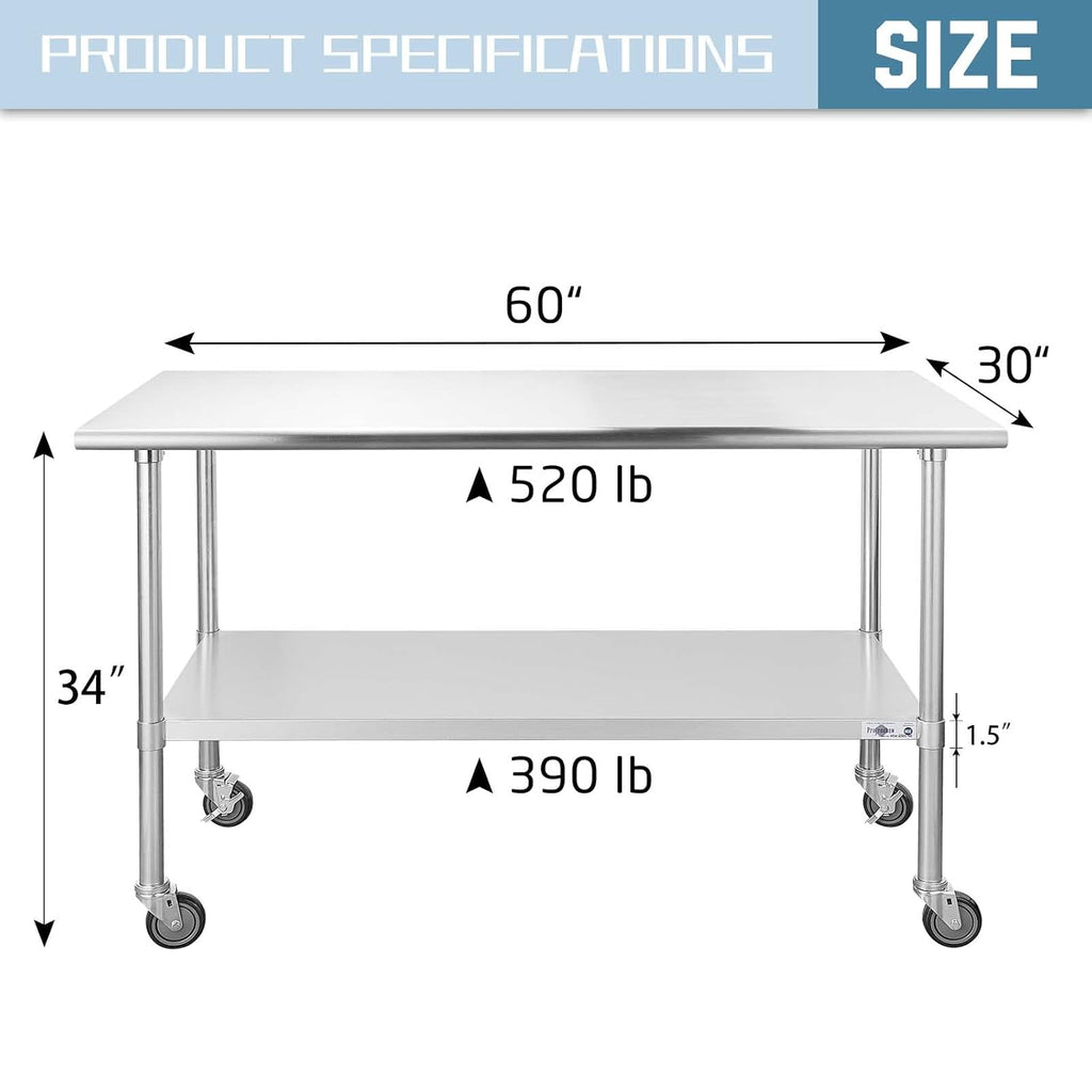 Stainless Steel Table 30 x 60 Inches with Caster Wheels H4661