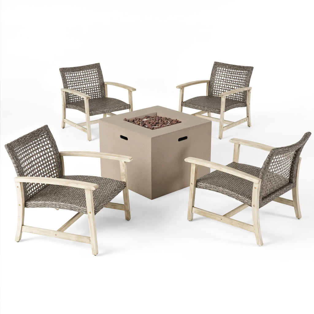Black 5 Piece Wicker Outdoor Club Chairs & Fire Pit Set L4145