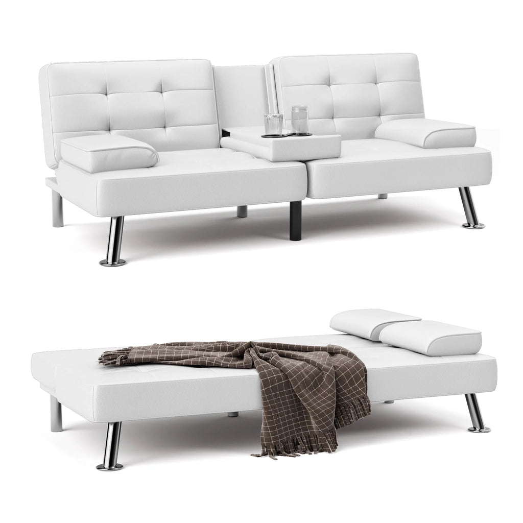Faux Leather Convertible Futon Sofa Bed with 2 Cup Holders P128661