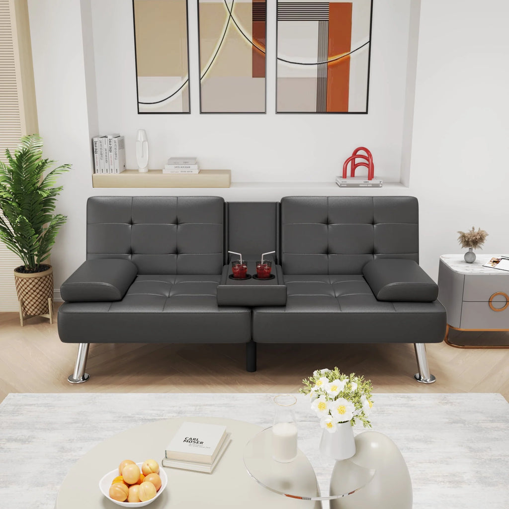 Faux Leather Convertible Futon Sofa Bed with 2 Cup Holders P128661