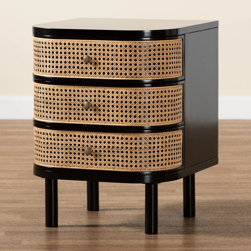 Black Wood and Rattan 3-Drawer End Table Nightstand A58965