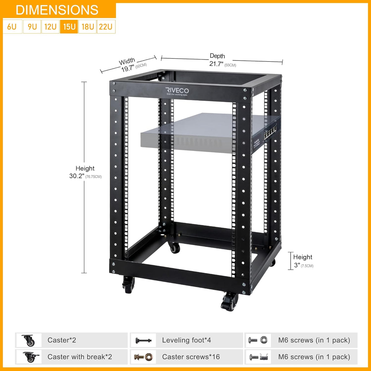 12U Open Frame Server Rack with Casters S3346