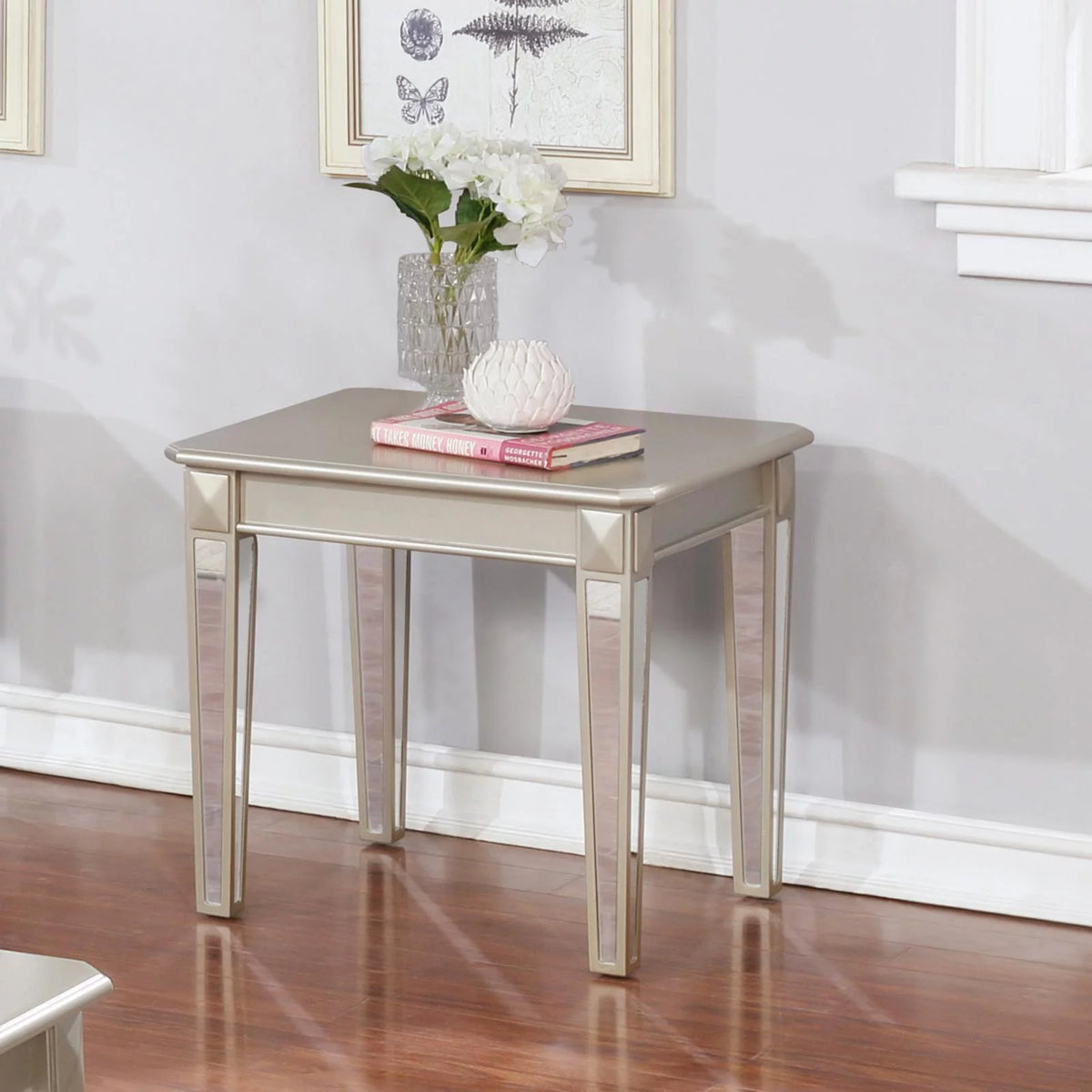 Contemporary Wood End Table with Mirrored Legs J9232