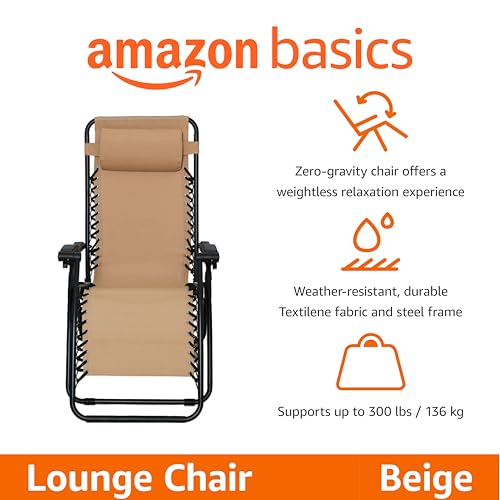 Zero Gravity Lounge Chair with Pillow, Folding Reclining Textilene, 26", Beige J404