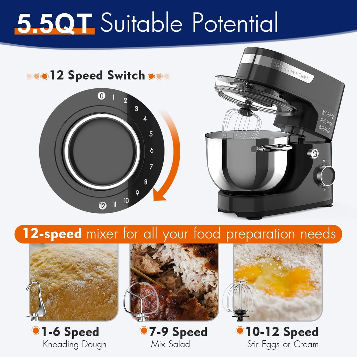 5.5Qt 12-Speed Tilt-Head Electric Stand Mixer with Stainless Steel Bowl H7159