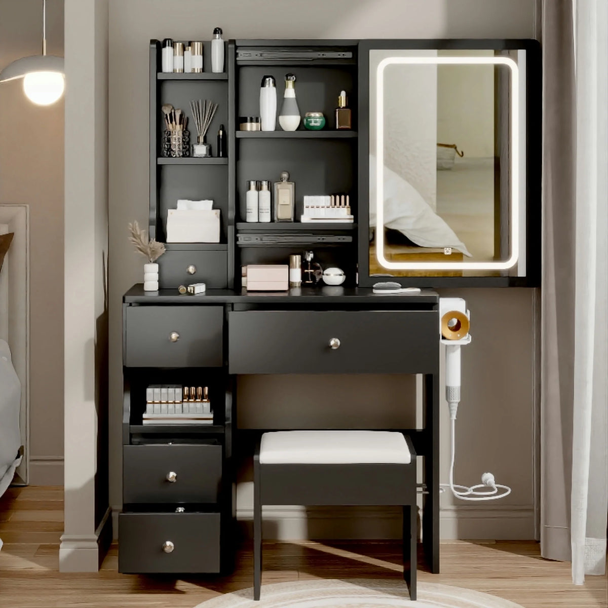 White Vanity Table with Lighted Mirror and Stool F640