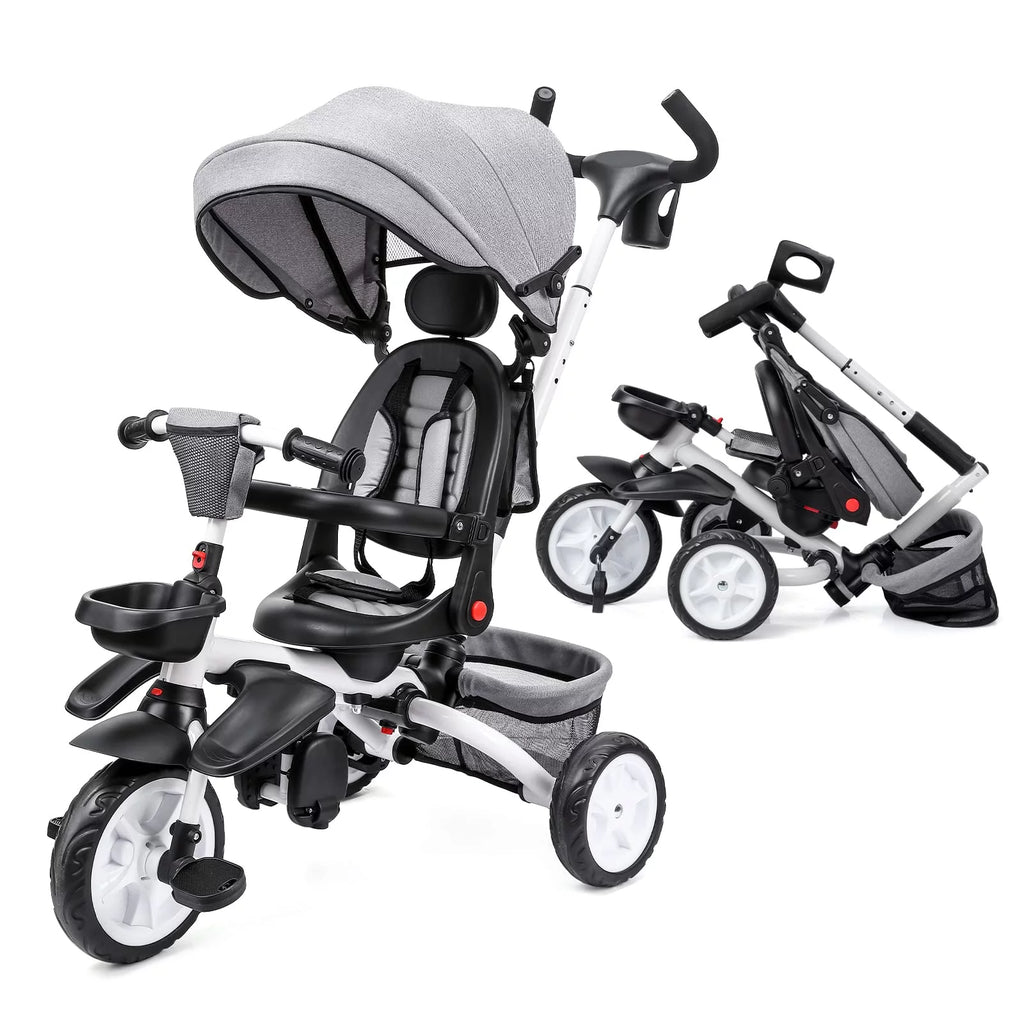 Folding Toddler Tricycle with Adjustable Push Handle, Harness, Canopy and Storage E69987