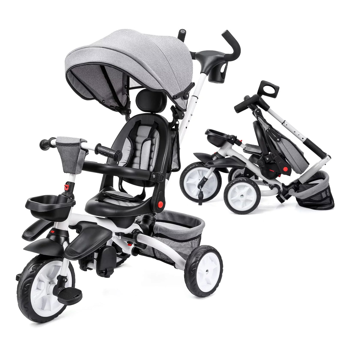 Folding Toddler Tricycle with Adjustable Push Handle, Harness, Canopy and Storage E69987