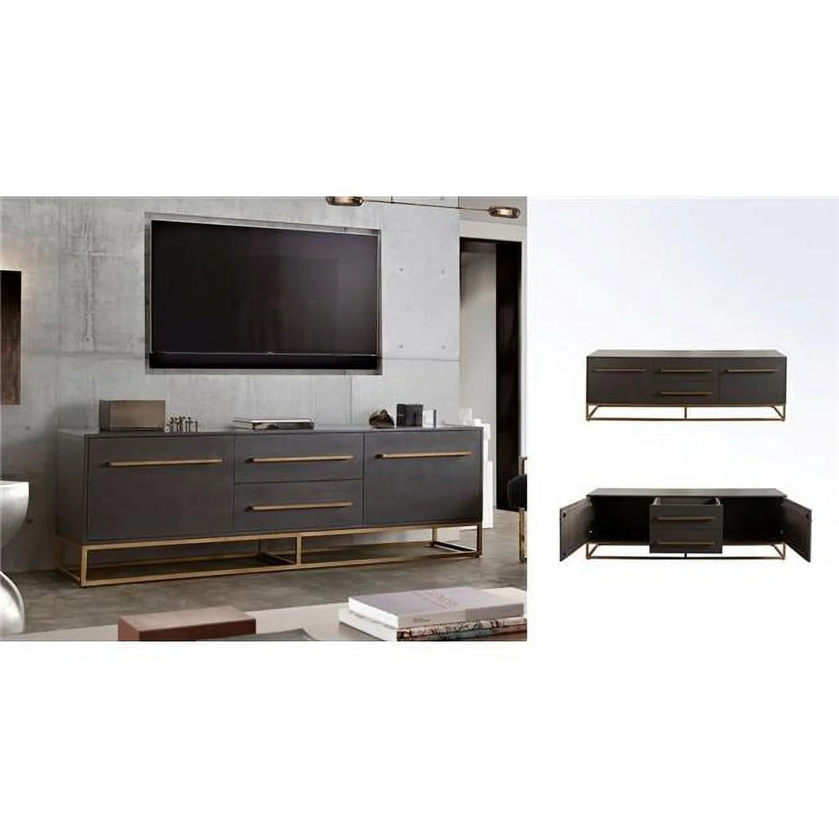 Grey Oak Mango Wood 2-Door 2-Drawer Entertainment Cabinet R7296