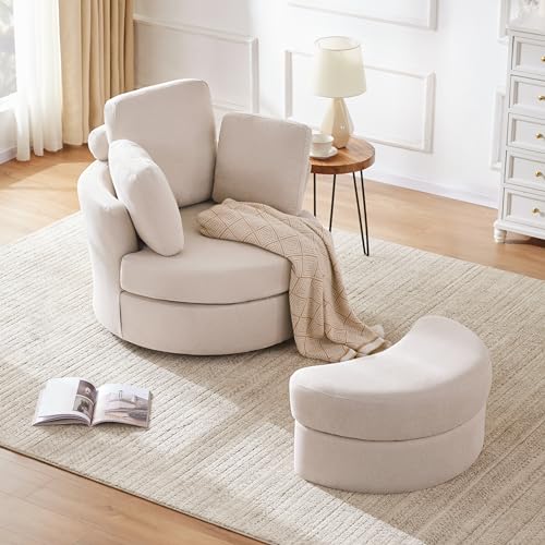 Beige Swivel Accent Barrel Chair with Ottoman D1140