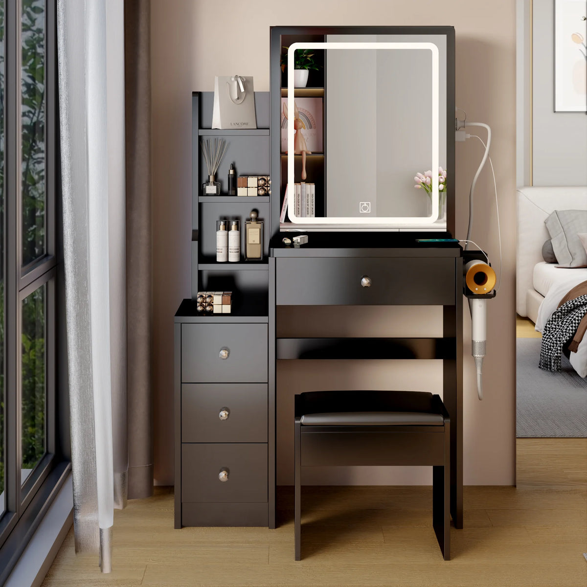 White Vanity Table with Lighted Mirror and Stool F640
