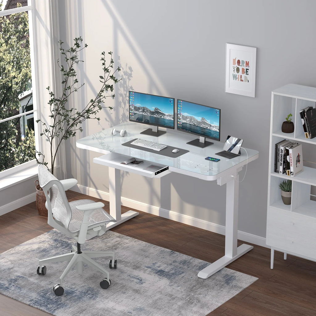 White Electric Glass Standing Desk with Drawers H513121