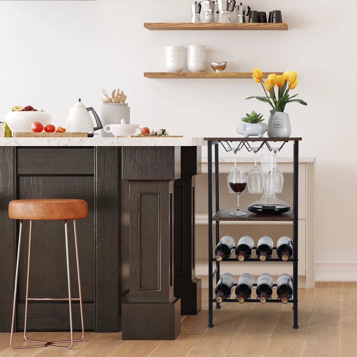 Freestanding Metal and Wood Wine Rack Table H193800