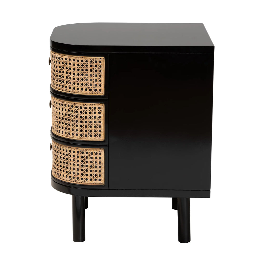 Black Wood and Rattan 3-Drawer End Table Nightstand A58965