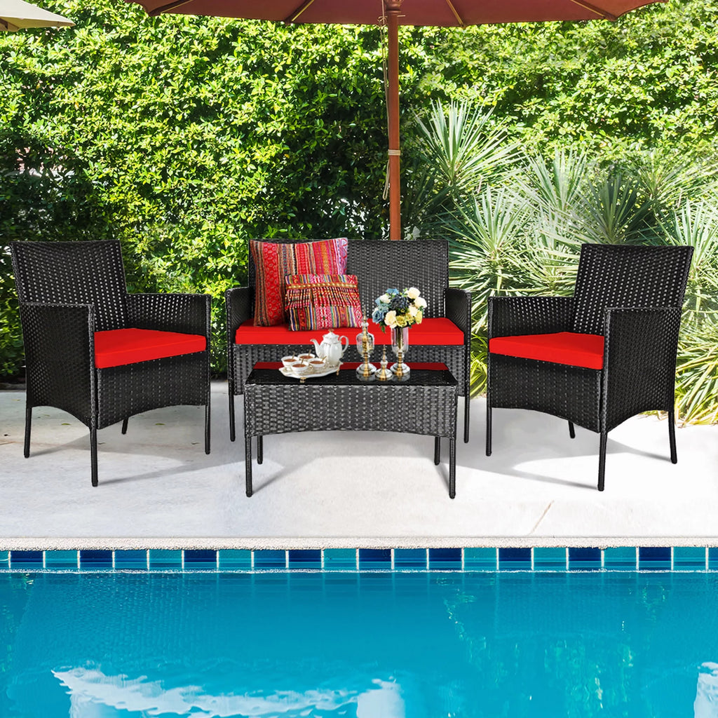 4 Pcs Outdoor Rattan Furniture Set with Turquoise Cushion A311001