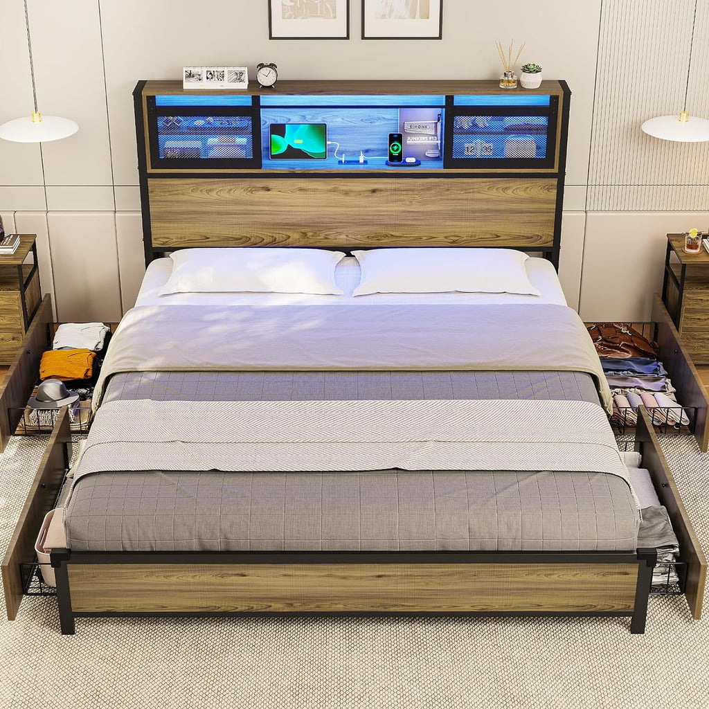 Queen Storage Bed Frame with 4 Drawers and LED Lights Z286439