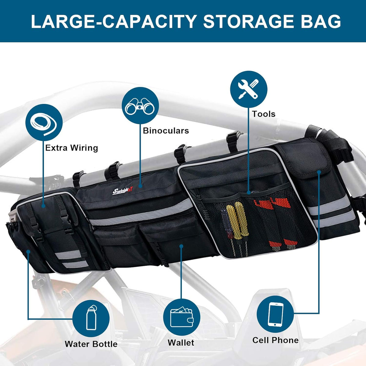 UTV Large Roll Cage Organizer, Cargo Rear Storage Bag with Reflective Strip R9640