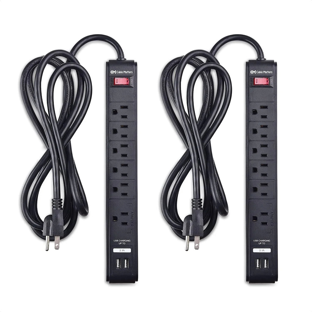 2-Pack 6 Outlet Surge Protector Power Strip with USB Charging Ports, 8 Foot Cord, Black X488