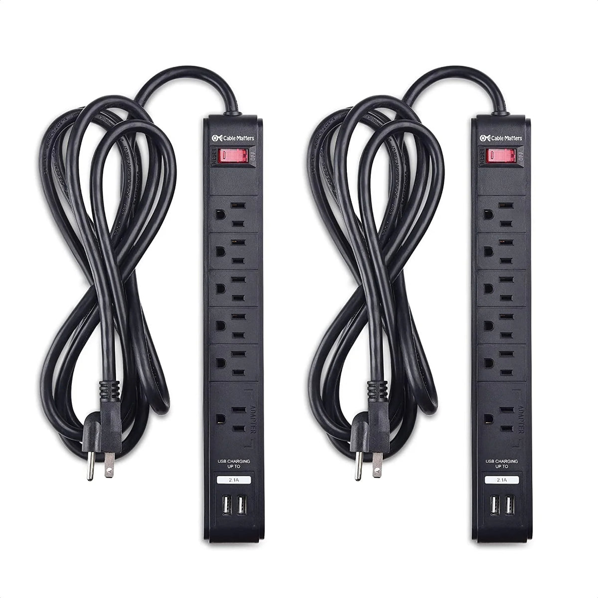2-Pack 6 Outlet Surge Protector Power Strip with USB Charging Ports, 8 Foot Cord, Black X488