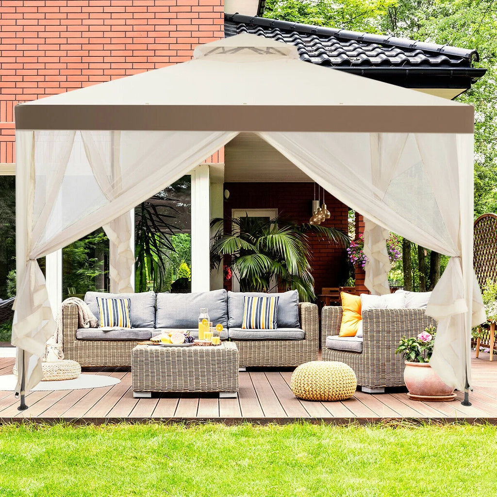 10'x 10' Beige Canopy Gazebo with Mosquito Netting O464306