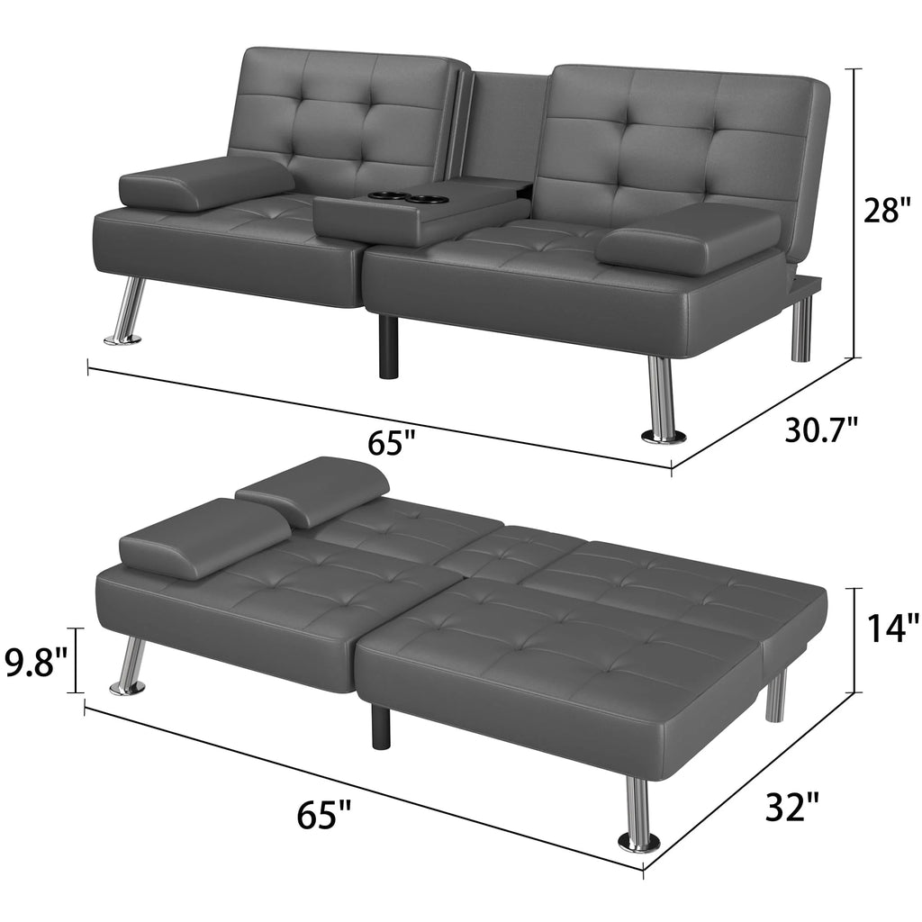 Faux Leather Convertible Futon Sofa Bed with 2 Cup Holders P128661