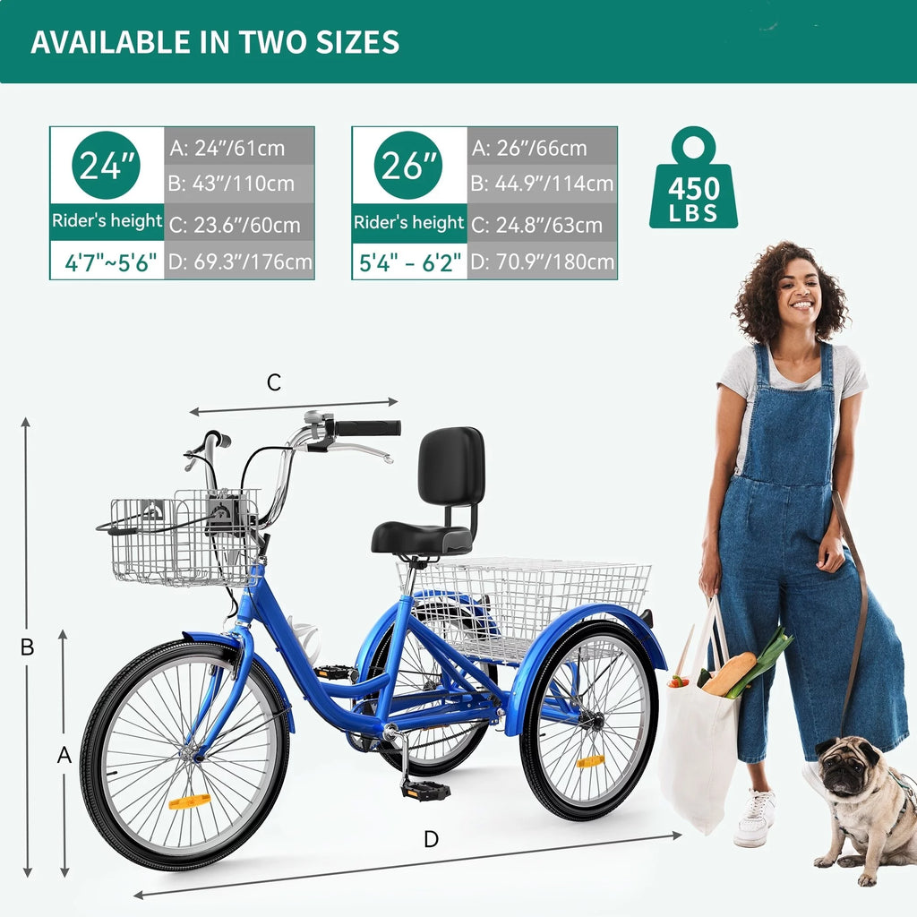 Blue 26 Adult Tricycle 3 Wheel Bike V116