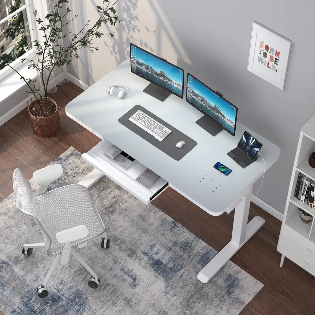 White Electric Glass Standing Desk with Drawers H513121