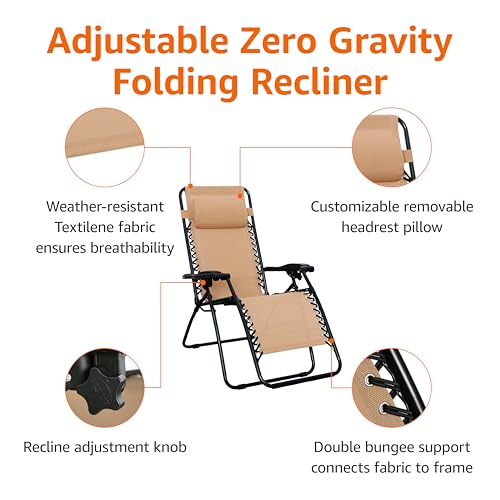 Zero Gravity Lounge Chair with Pillow, Folding Reclining Textilene, 26", Beige J404