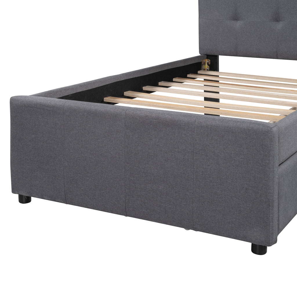 Gray Upholstered Twin Size Platform Bed with 2 Storage Drawers I5440