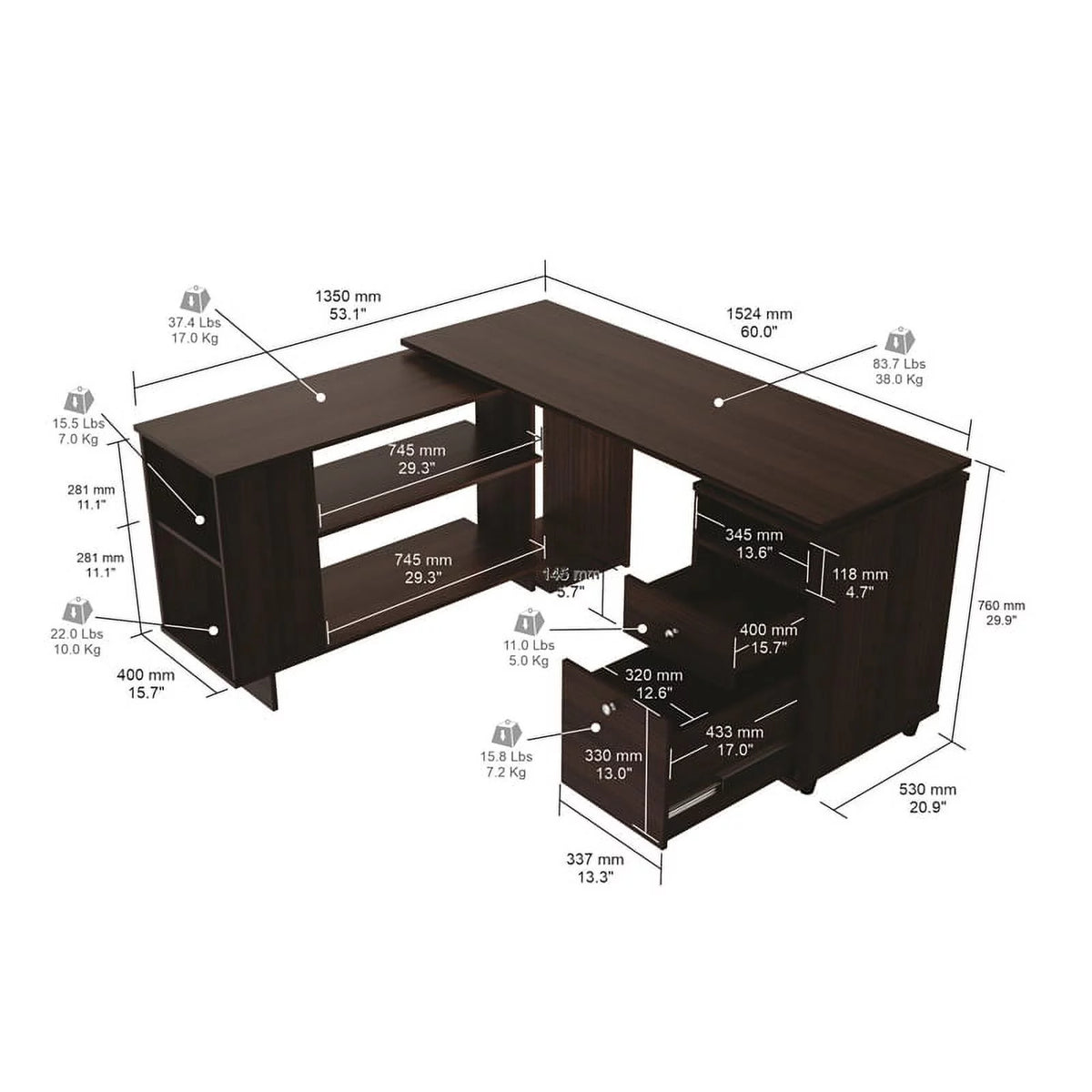 Espresso Reversible Computer Desk & Bookcase Set O225998