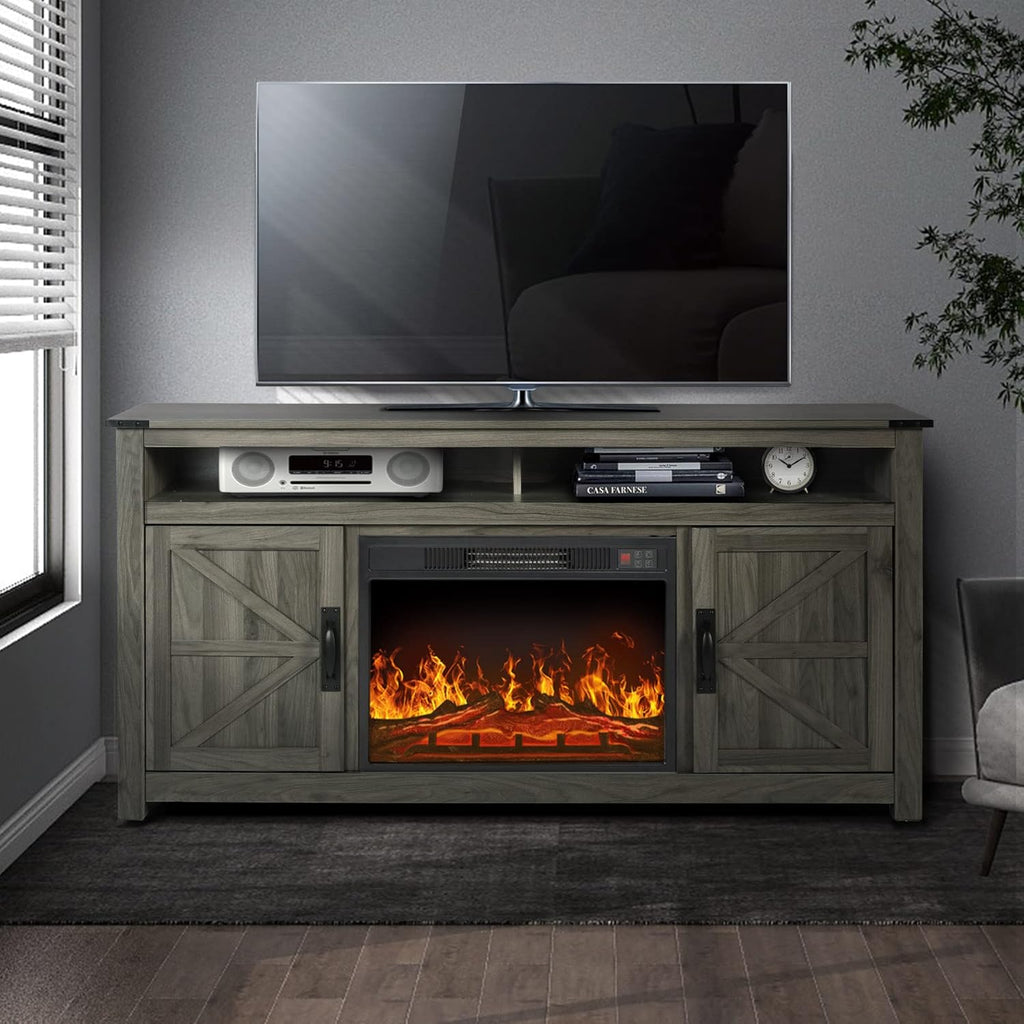 Farmhouse Barn Door TV Stand with 2 Storage Cabinets and Open Shelves I4805
