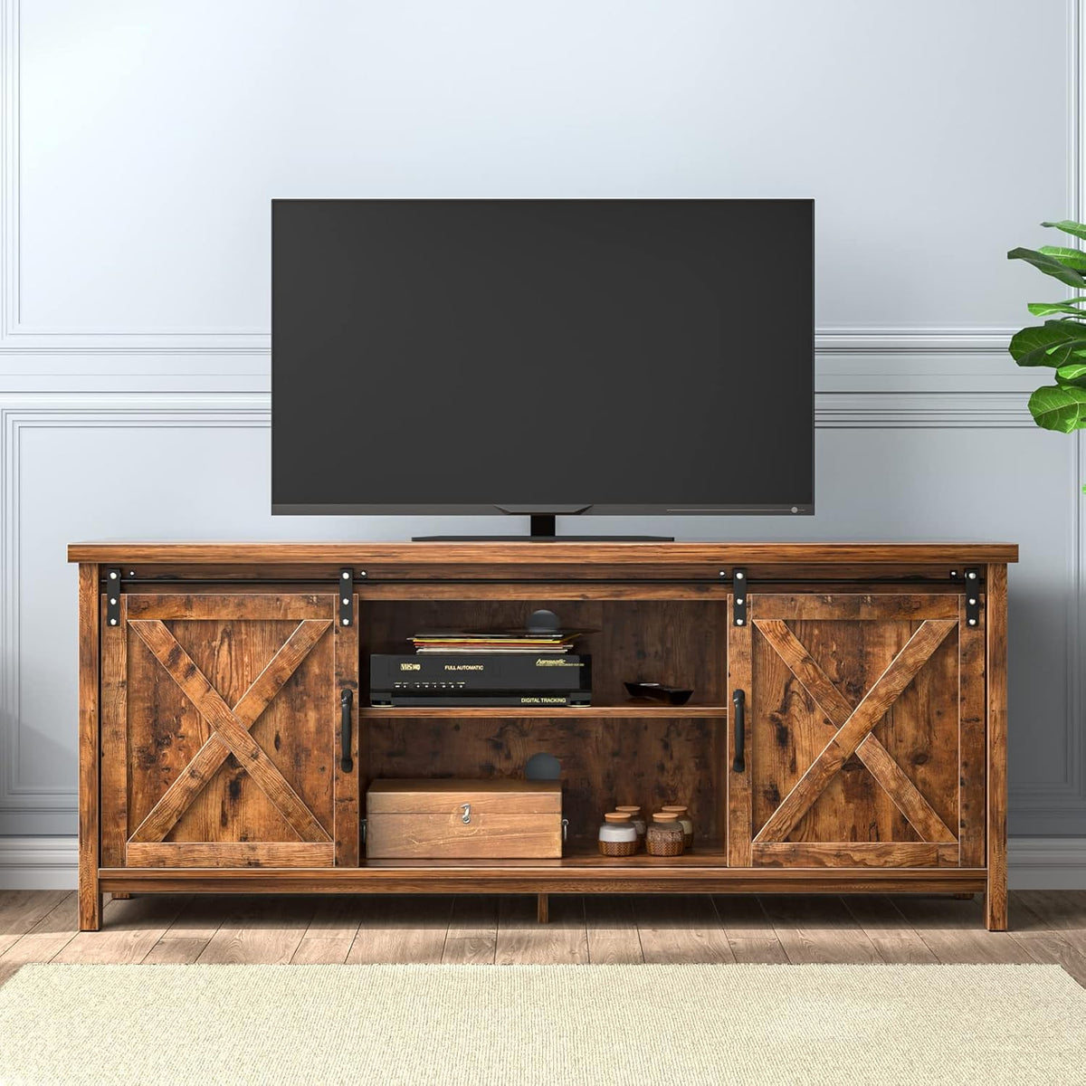 Farmhouse 65 Inch Wooden TV Stand with 2 Sliding Barn Doors C99631