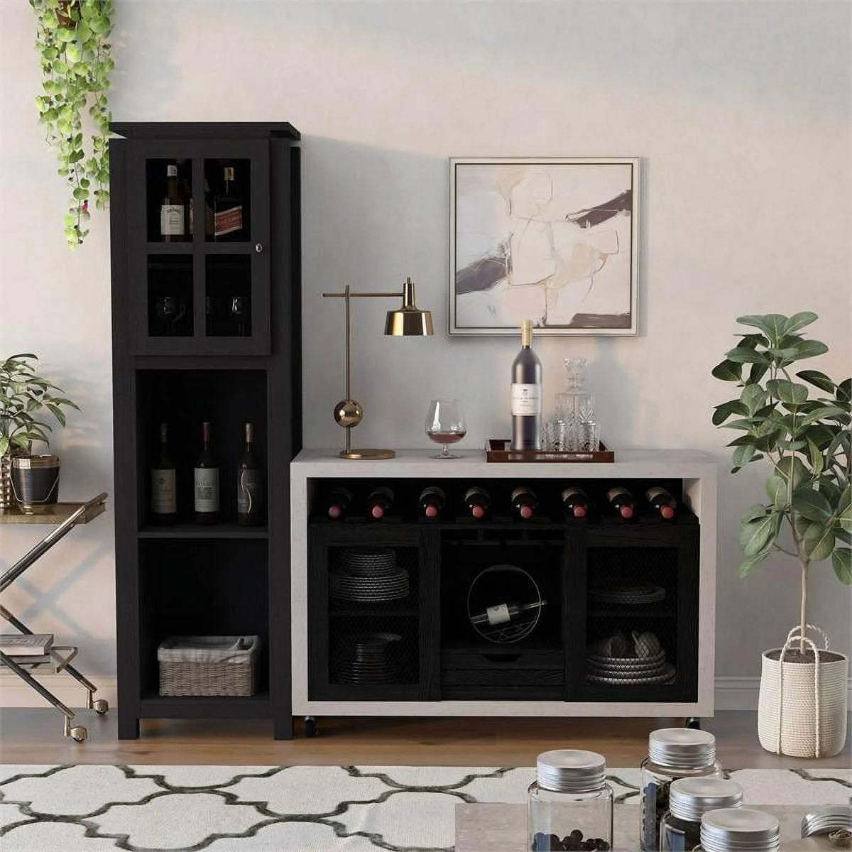 Wood 2pc Server and Wine Bar Cabinet Set in Black F7335