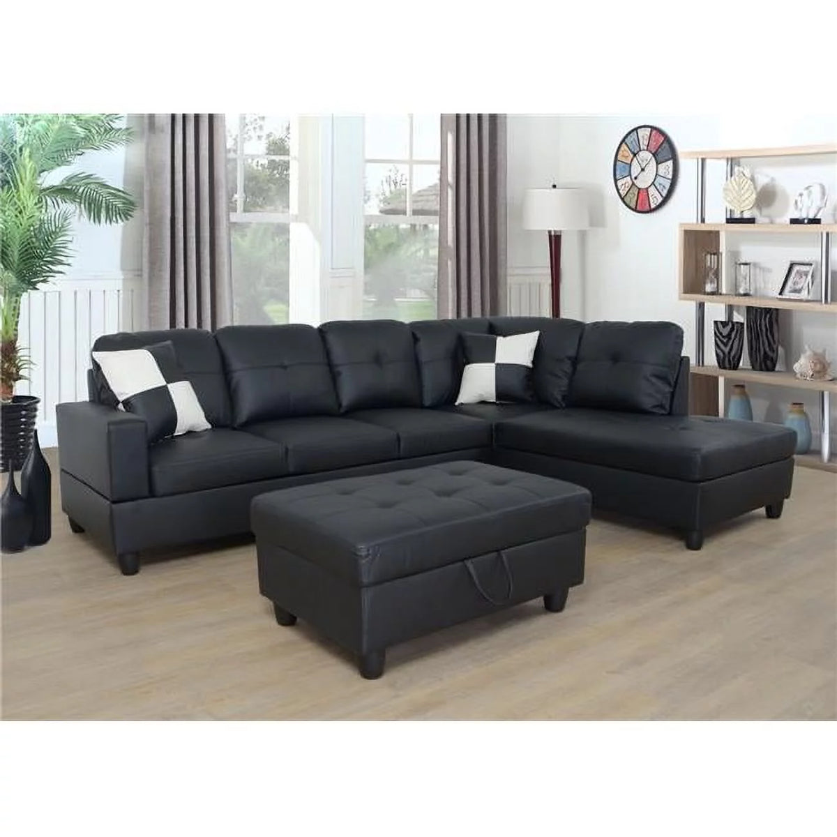 Black Faux Leather 3 Piece Sectional Sofa Set with Ottoman U811