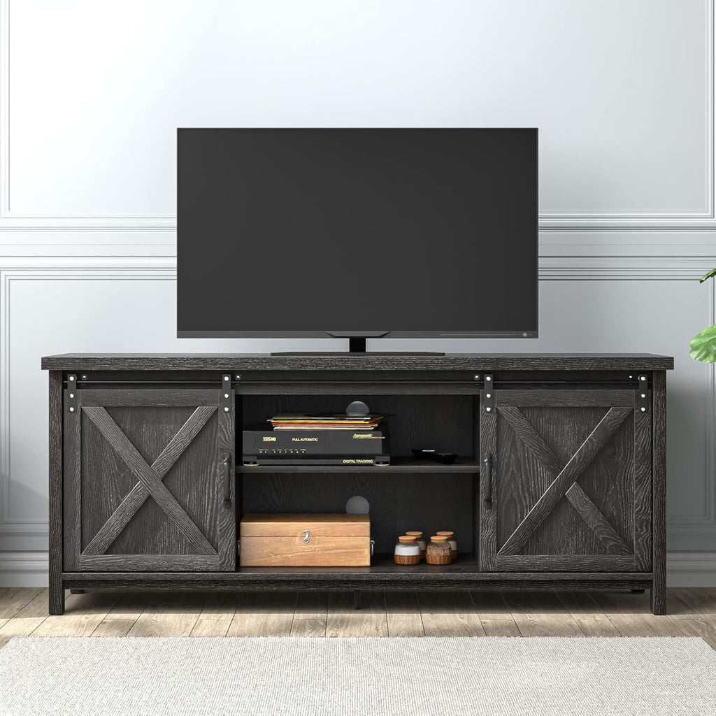Farmhouse 65 Inch Wooden TV Stand with 2 Sliding Barn Doors C99631